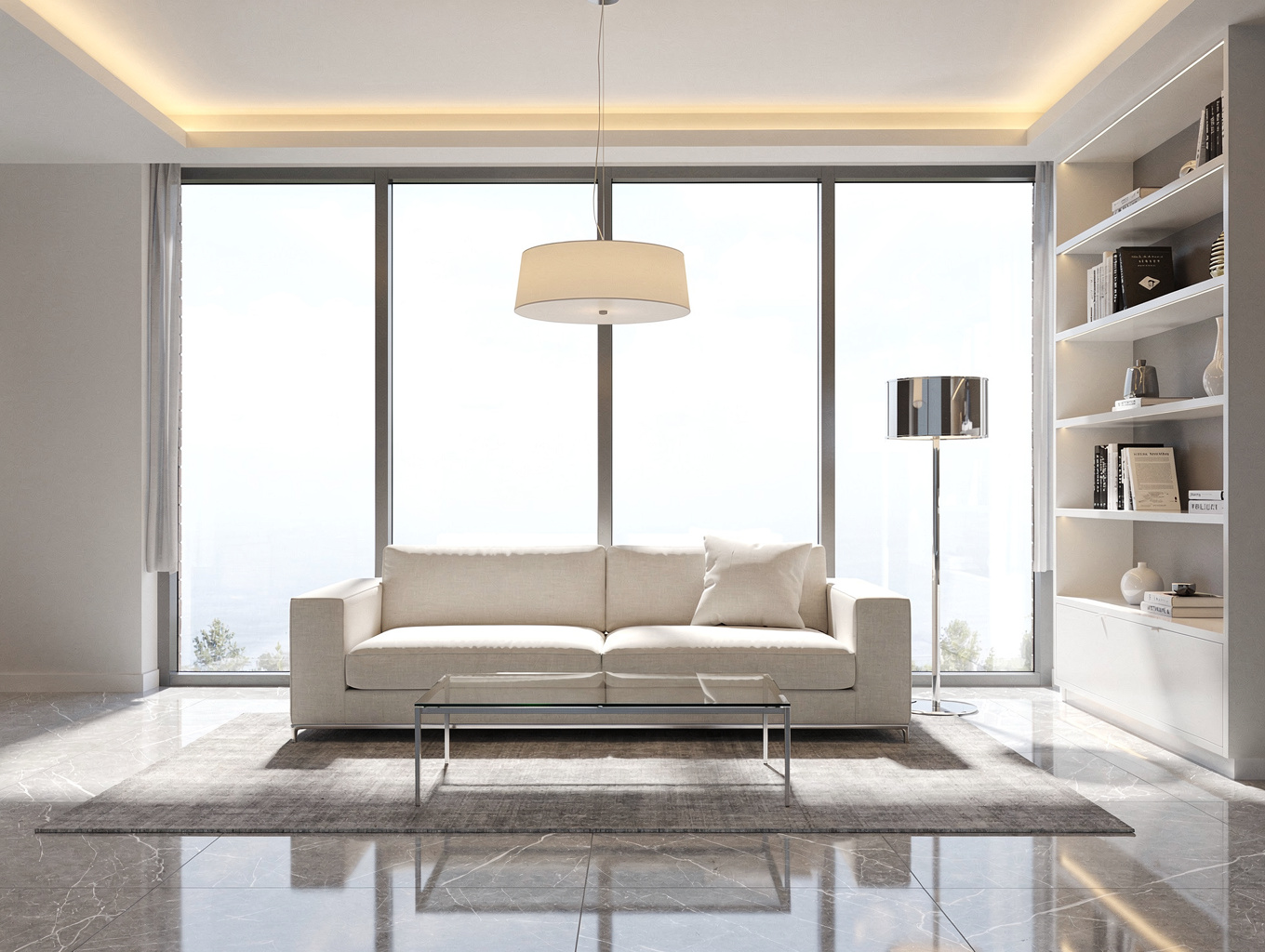 Minimalist luxury living room with integrated smart lighting and warm architectural details